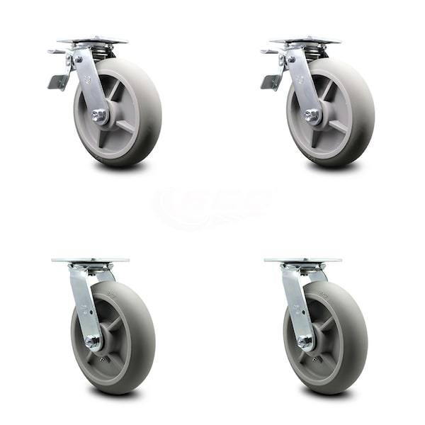 8 Inch Thermoplastic Rubber Caster Set with Ball Bearing 2 Total Lock Brake SCC